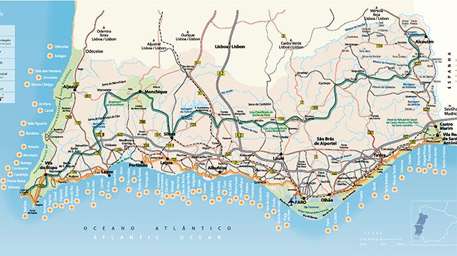 Mapa dos municípios formadores da região Algarve, destino