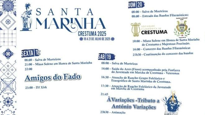 Festas de Santa Marinha – Crestuma
Plaats: Comissão de Festas em Honra de Santa Marinha de Crestuma
Foto: DR Festas de Santa Marinha – Crestuma
Plaats: Comissão de Festas em Honra de Santa Marinha de Crestuma
Foto: DR